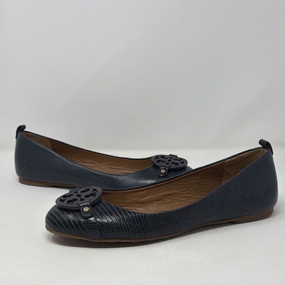 Tory Burch Mini Miller Ballet Flats Navy Lizard Embossed Leather Womens 9M AUTH